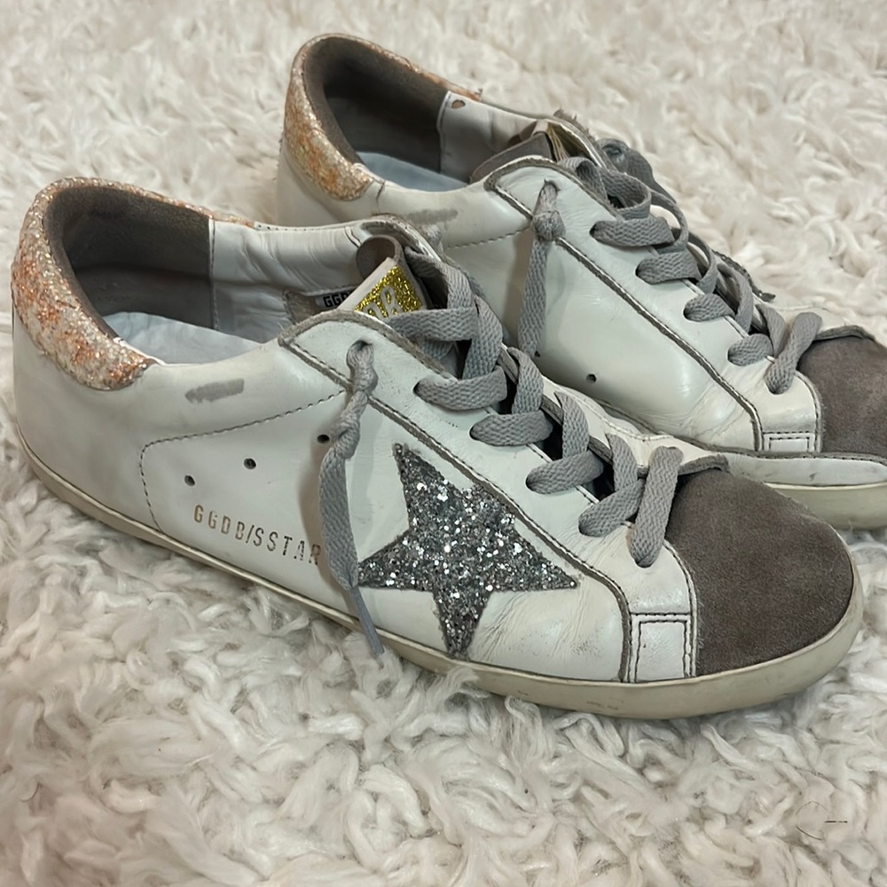 Golden goose superstars size 8 white with silver and pink glitter